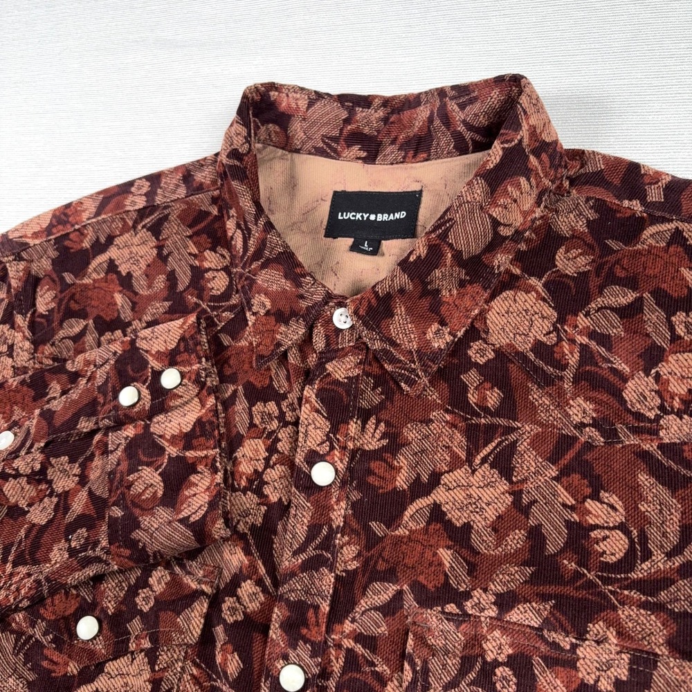 Lucky Brand Western Corduroy Long Sleeve Pearl Snap Shirt Mens L Brown Cotton